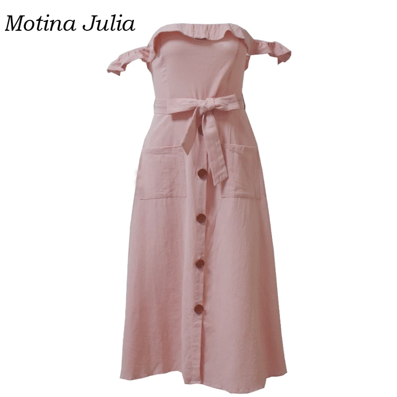Motina Julia off shoulder ruffle dress women button front bow midi bohemian beach female vestidos pockets | Женская одежда