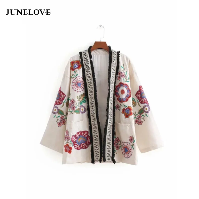 2019 autumn women floral embroidery oversized kimono coat tassel patchwork open stitch pockets female loose outerwear coats | Женская