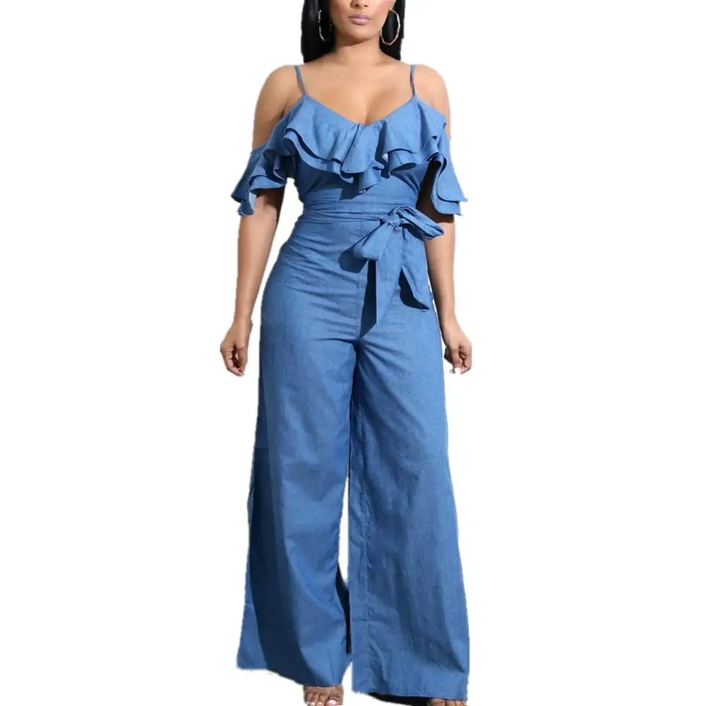 

Для женщин пикантные Высокая Талия рукавов рюшами широкие голубые Жан комбинезон длинные штаны летние джинсовые комбинезоны Для женщин бо...