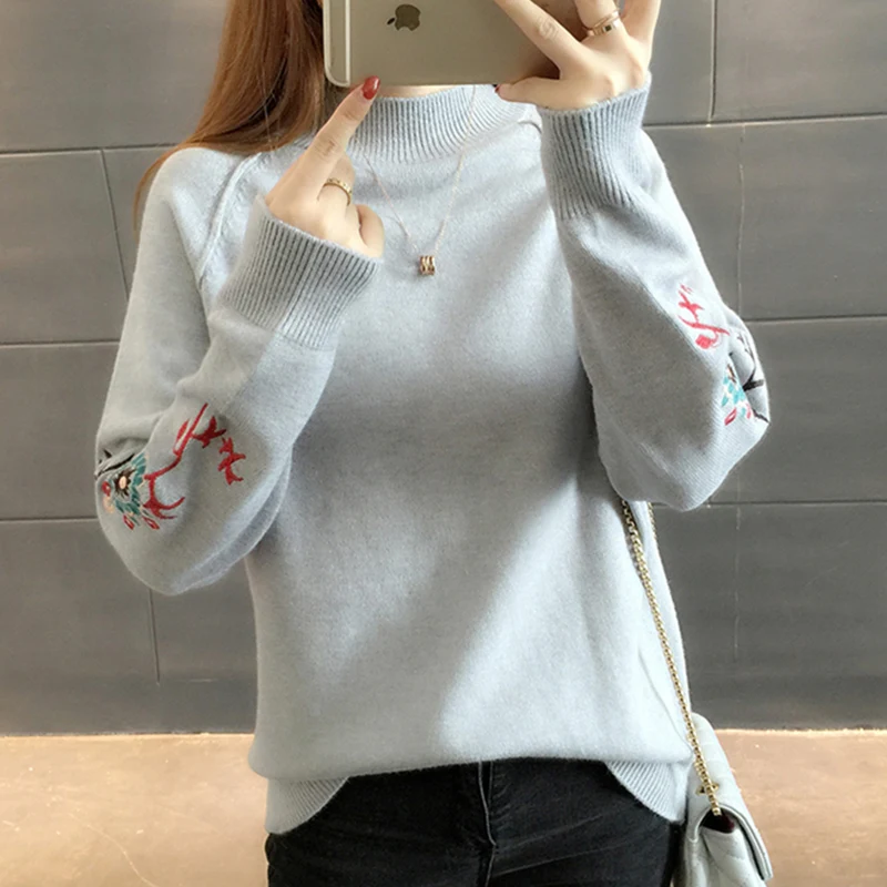 Женский Теплый свитер с вышивкой TIGENA высоким воротником и пуловер черного белого