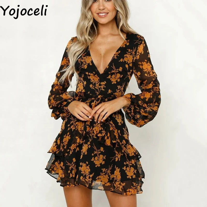 Print 2 Yojoceli, короткое платье с цветочным принтом и рюшами, женское осеннее шифоновое платье для вечеринки, женские платья, зимние пикантные элегантные платья с запахом - Цвет: Print 2
