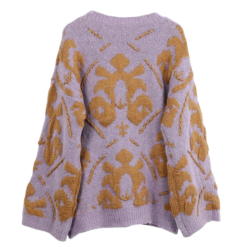 EHMAXRTH Brand Luxury Designer 2017 New Fashion Knitted Pullover Women Print Embroidery Blouse Purple Warm Sweater Runway E8449 | Женская