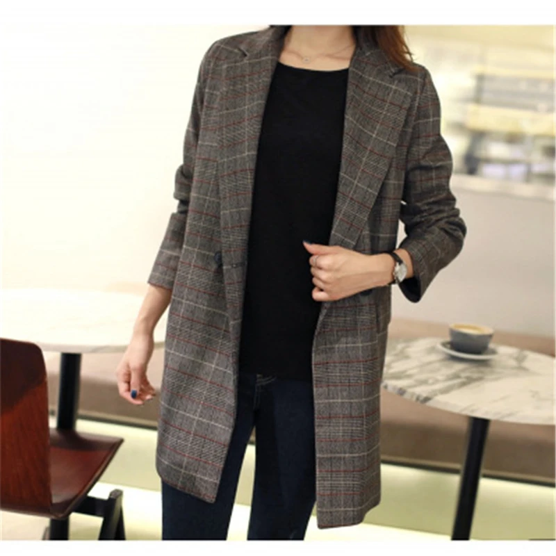 Fashion Big size Autumn Winter Women Blazers And Jackets Vintage Long Sleeve Plaid Large Size Female Blazer Pockets Button J743
