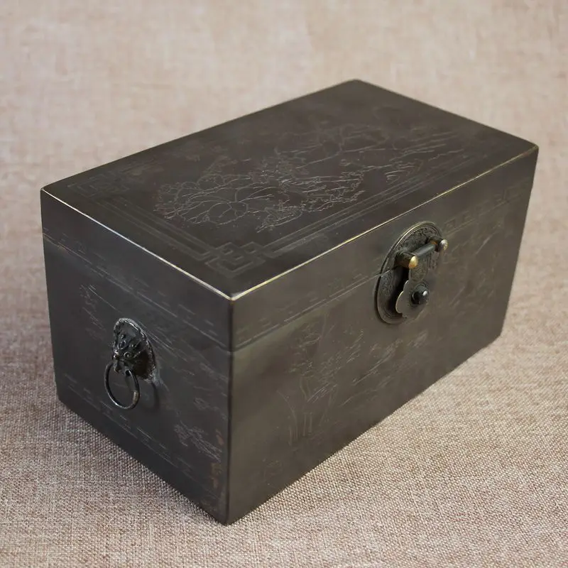 

Antique pure copper storage box, sculpture box, bronze lion head jewelry box.