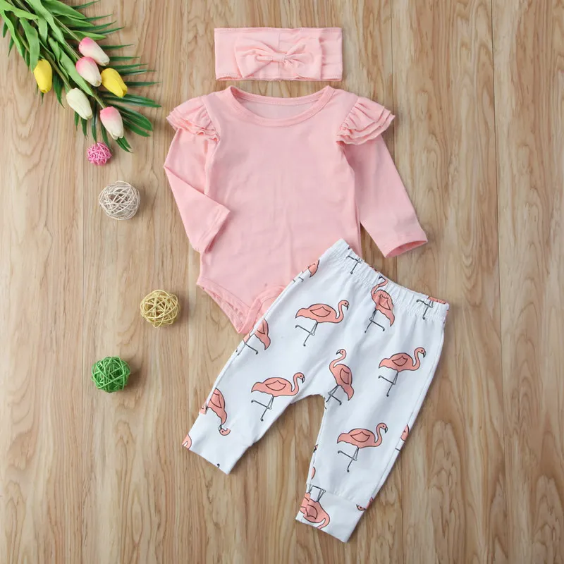 Toddler Newborn Lovely Baby Girl Solid Color Bodysuit Long Sleeve Tops Cartoon Printed Pants Leggings Headband Outfits 3PCS Set | Детская