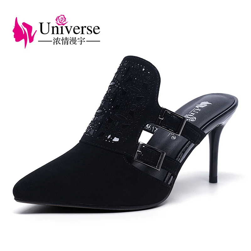 

Universe H047 Black Hollow Out Slingback Buckle Strap Kid Suede High Thin Heels Woman Slippers Summer Party Shoes For Lady