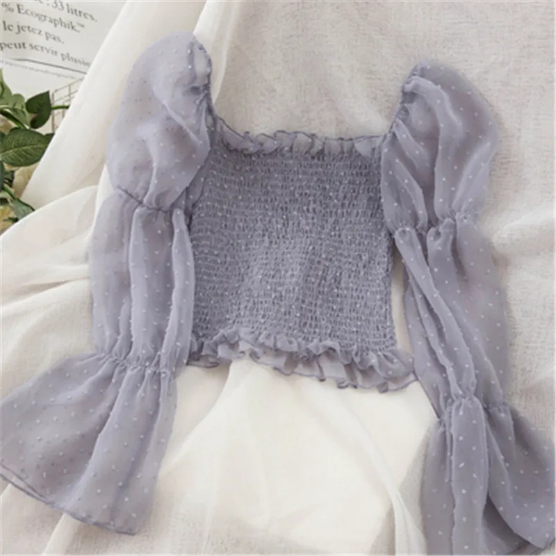Серый Квадратный воротник, однотонный Blusas с расклешенными рукавами, шикарные шифоновые оборки, сексуальная женская блузка, новые сетчатые Лоскутные рубашки в горошек, ZY4467 - Цвет: Серый