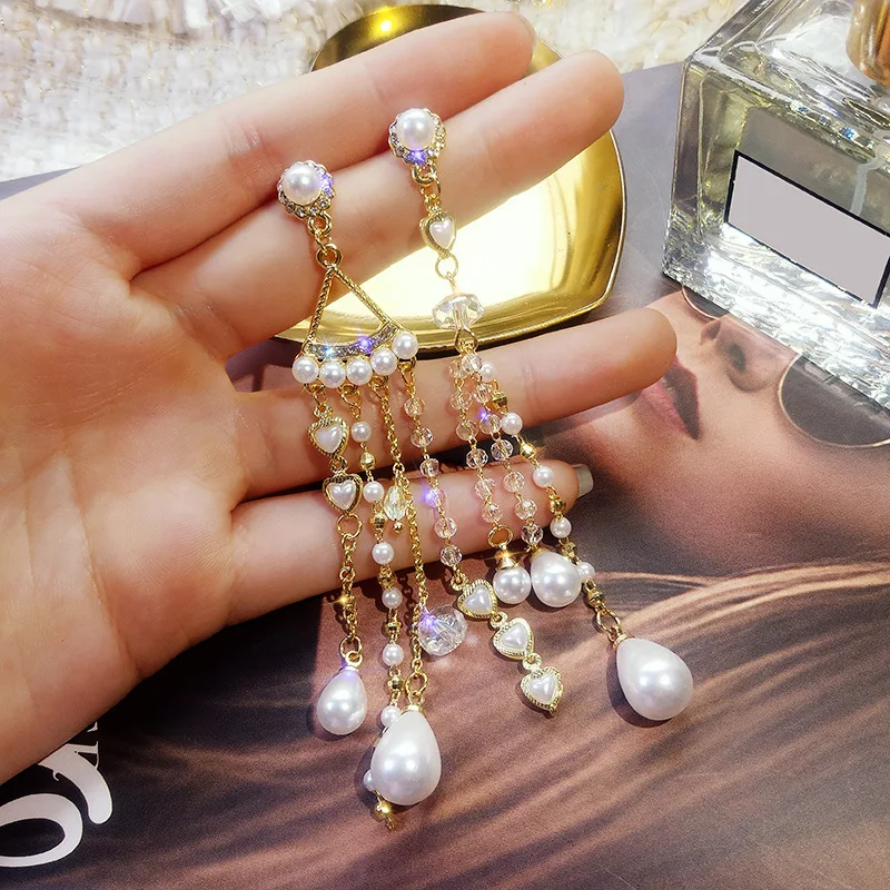 

DREJEW Asymmetry Long Tassel Pearl Statement Earrings Christmas 925 Gold Silver Crystal Drop Earrings for Women Wedding H5321