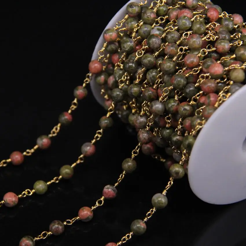 

5meter/lot,6mm Natural Unakite stone Round beads Rosary Chain,Green Jaspers Gold plate Wire Wrapped Chain DIY Necklace Jewelry