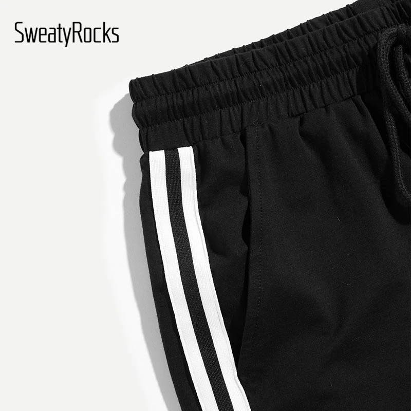 SweatyRocks мужские шорты в полоску с завязками на талии, уличная одежда, прямые черные шорты, модные летние спортивные повседневные шорты