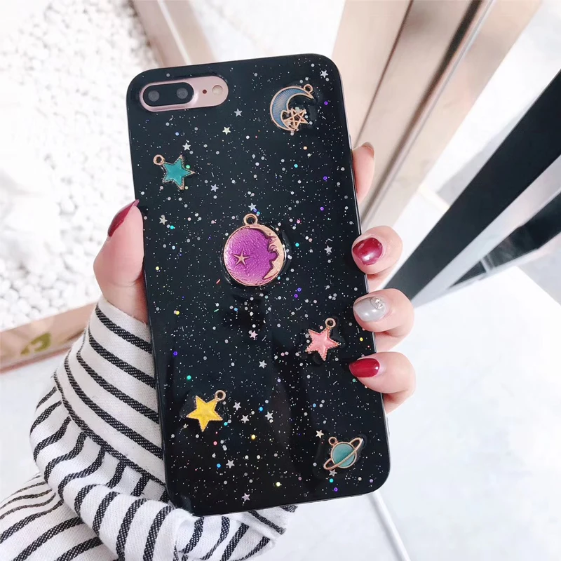 Fashion Moon Stars Planet Phone Case For iphone X Bling Glitter Universe 6S 6 7 8 Plus Cover Capa |
