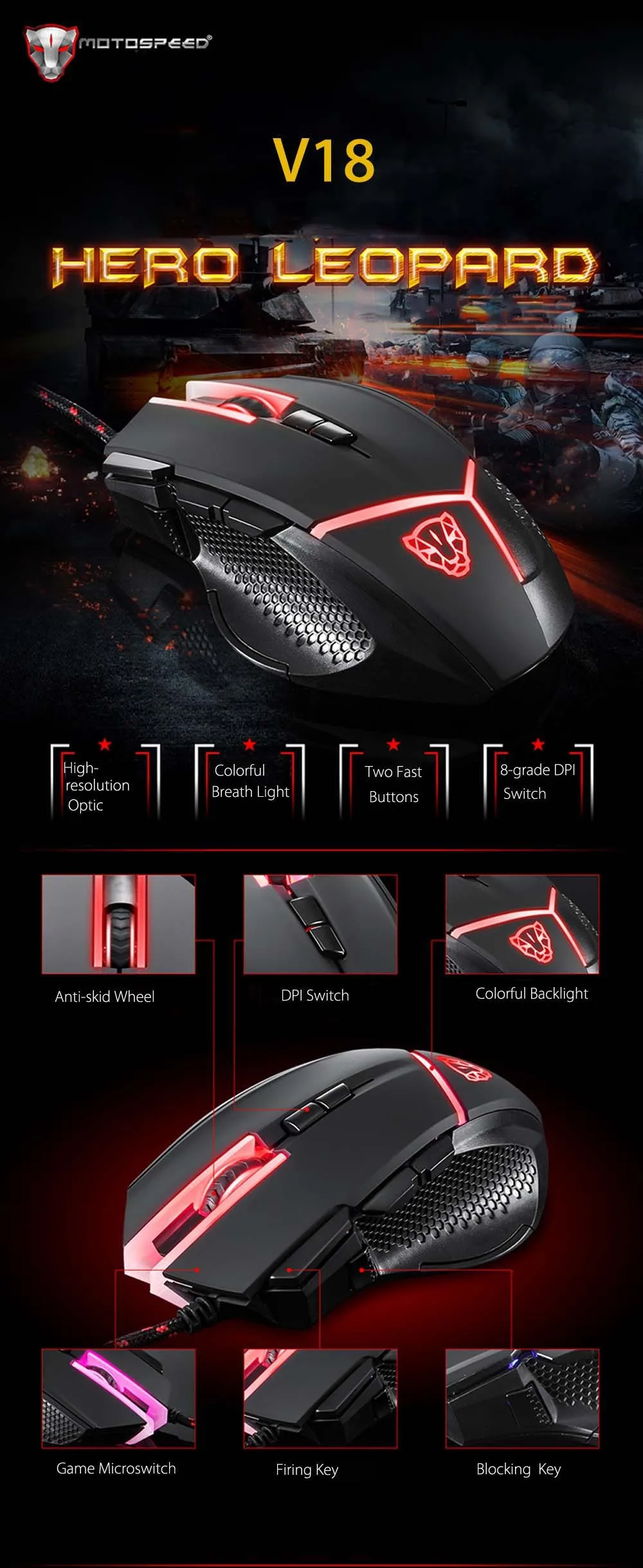 Motospeed V18 игровая проводная мышь с 4000 dpi высокая точность оптическая 9 клавиш 8 цветов подсветка 1,8 м кабель для Pro Gamer