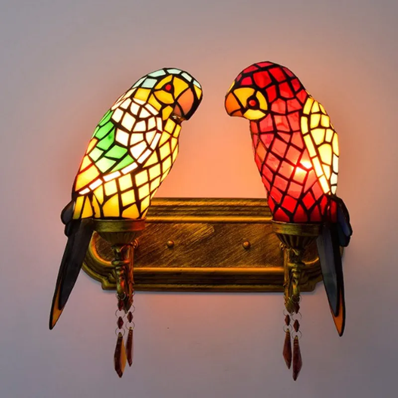 Stained Glass Double Parrots Wall Lamp Lighting Fixture modern Style Creative Bar Club Lobby Bedroom E27 base Led Light|led wall light|wall lightwall