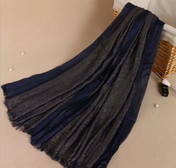 navy blue 10 шт. Блестящий женский хлопковый платок шарфы с золотым люрексом простой платок-хиджаб повязка на голову весенние мусульманские длинные шарфы/шарф 170*70 см - Цвет: navy blue