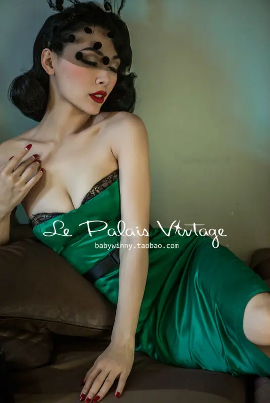 

FREE SHIPPING Le Palais Vintage Retro elegant and sexy lace corset style emerald Satin bandeau dress/bodycon dress