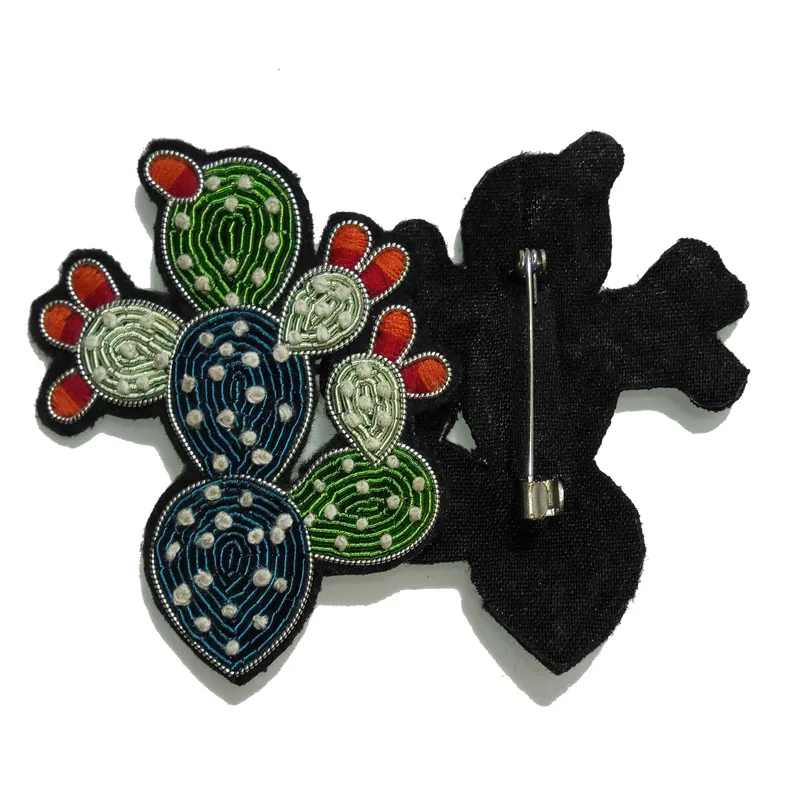 Винтажная прошитая брошь из ткани кактус с шелковым украшением|embroidered badges|beaded