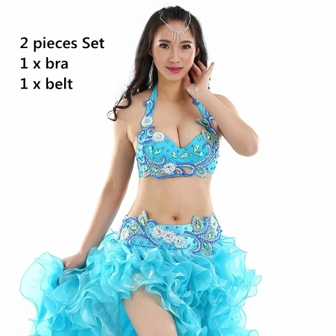 Turquoise 2pcs suit Профессиональный Египетский костюм для танца живота, стразы, Бюстгальтер, чашка B/C, волнистая юбка, Египетский костюм для танца живота - Цвет: Turquoise 2pcs suit