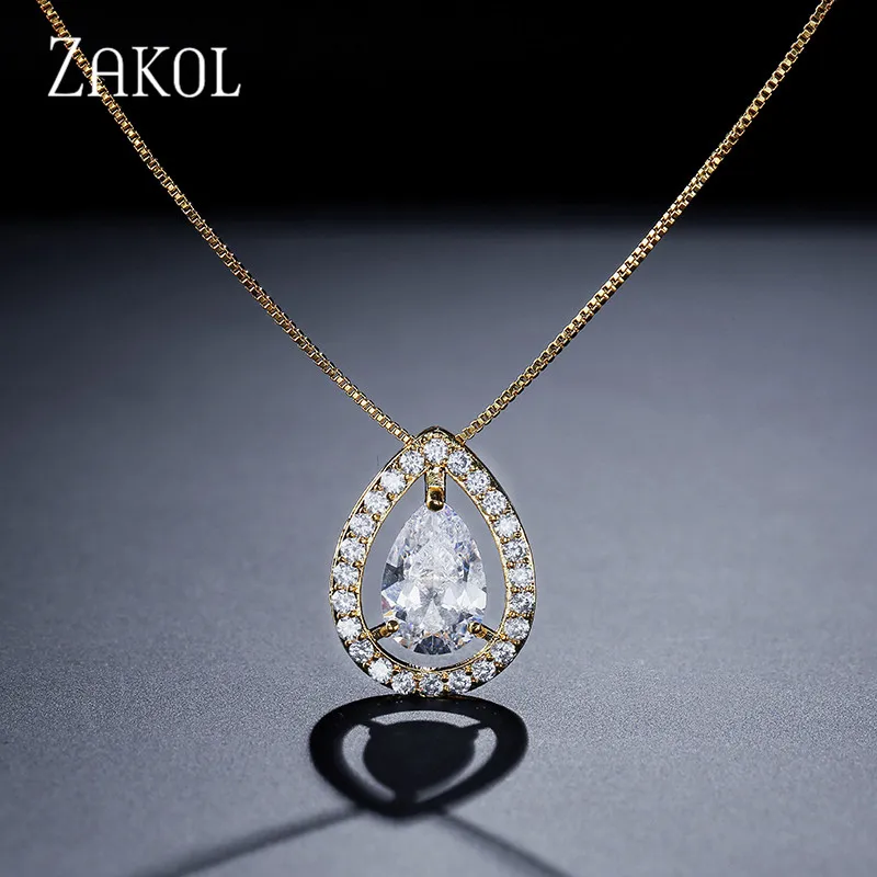 Zakol Новая мода Дизайн Медь Water Drop Кулон Цепочки и ожерелья большой камень CZ