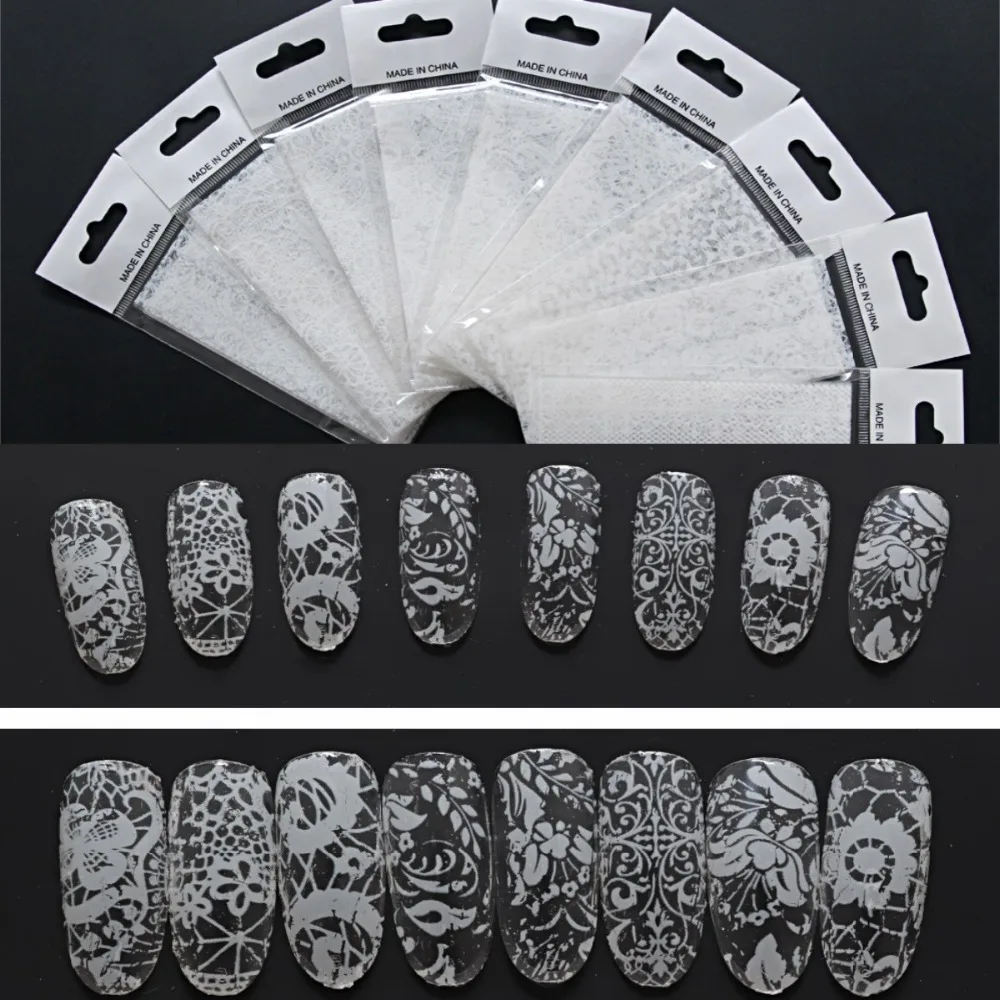 9 шт./лот переводная Фольга для ногтевого дизайна белые черные кружевные наклейки