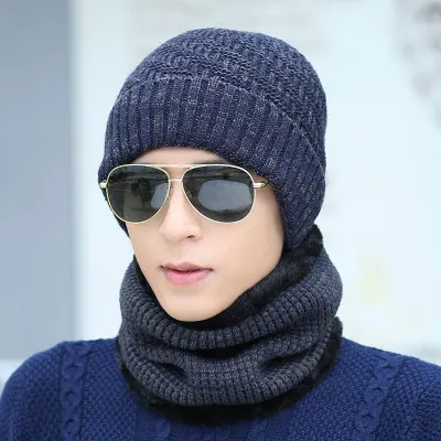 Navy Hat Scarf SUOGRY вязаные шапки для мужчин зимняя флисовая вязаная шапочка и шеи лыжный с подогревом лица Masek дамы Skullies Beanie утолщаются вязаные шапки - Цвет: Navy Hat Scarf