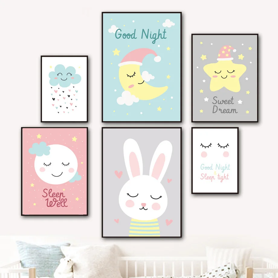 Мультфильм Луна Звезда кролик облако стены искусства холст живопись сон цитаты