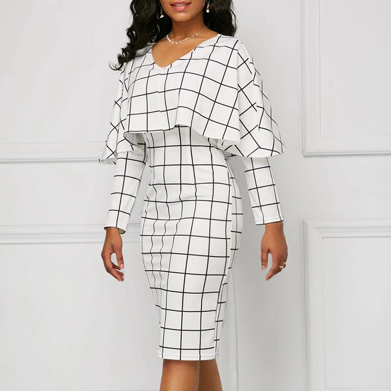 Spring Autumn Clothes Sexy Plaid Print Dress Women Long Cloak Sleeves V Neck Dresses White Office Lady Bodycon Slim Vestidos | Женская