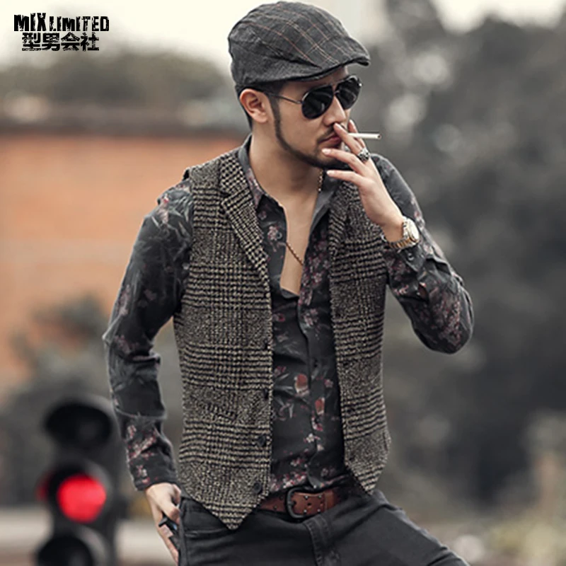 2018 new Men waistcoat winter retro plaid slim lapel woolen vest Mens England style vintage suit fashion brand design | Мужская одежда