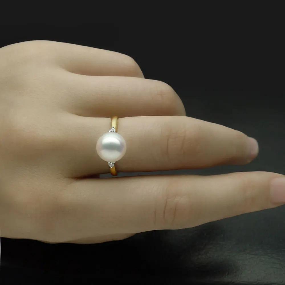 8 5 9 мм Круглое Белое подлинное кольцо Akoya с жемчугом и бриллиантом 18K желтое