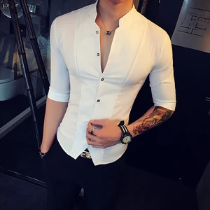 stand collar chinese style shirt men slim fit korea clothes men half sleeve 2018 summer designer club shirt camisa masculina free global shipping