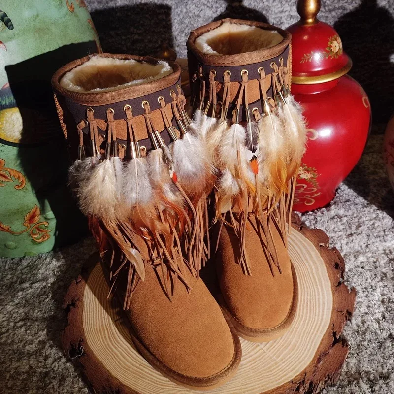 

Feather Long Boots Womens 2018 Winter New Handmade Genuine Leather Tassel Retro National Style Female Cotton Shoes Snow Boots