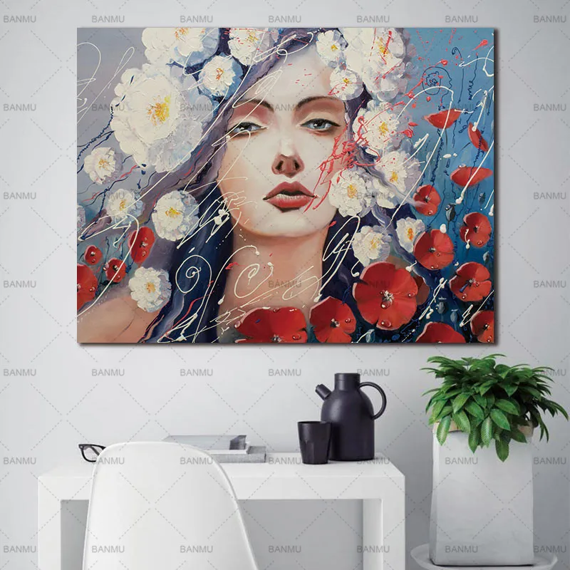 Canvas Painting Modern Wall Art Girl With Flowers Canvas Painting For Home Bedroom Art Wall Decoration Wall Pictures no frame
