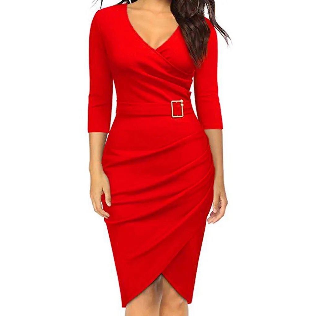 Женское сексуальное платье с v образным вырезом и длинным рукавом облегающее