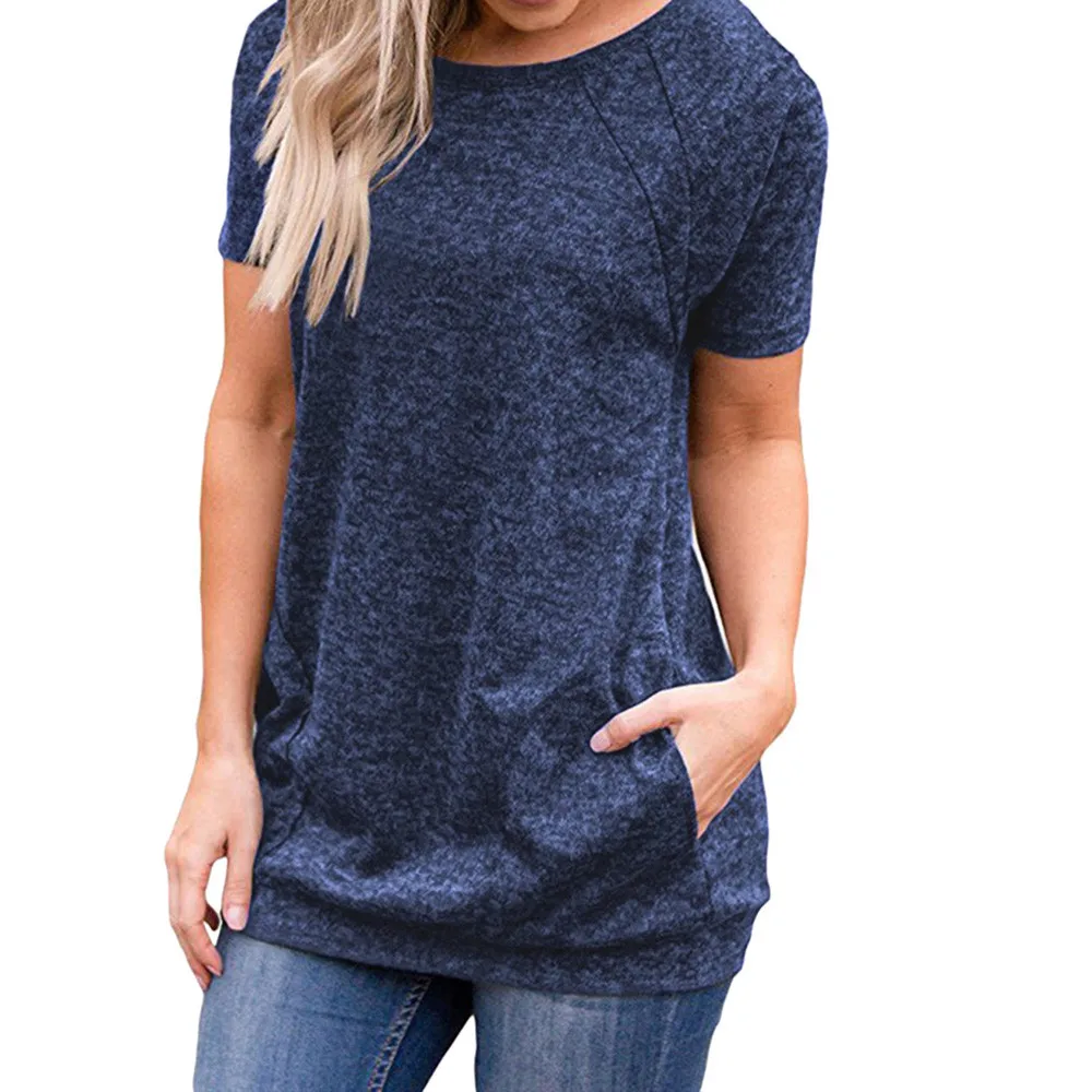 

T Shirts Women Nice Summer Casual Short Sleeve Round Neck Solid Pockets Tunics Loose T Shirt Tops Woman Tshirt Tops Funny