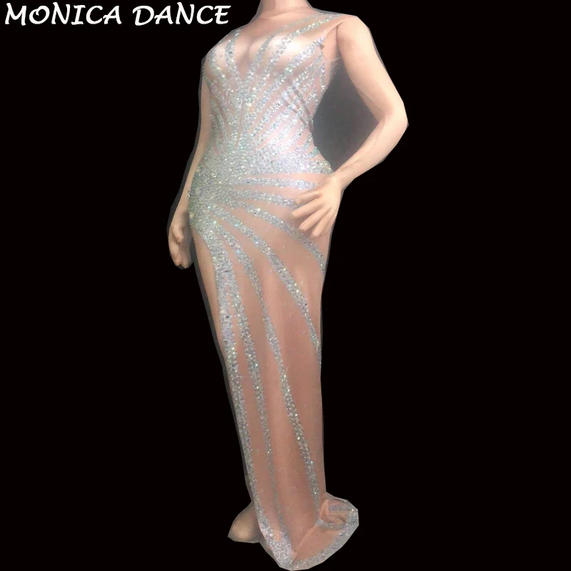 

Женский танцевальный костюм певицы стразы, длинное эластичное платье с блестящими камнями, праздничный наряд для дня рождения, выпускного ...