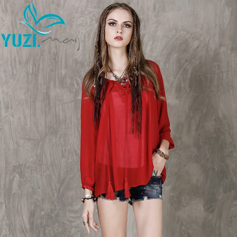 Женские блузки 2017 Yuzi.may Boho новые шифоновые с рукавами фонариками и V образным