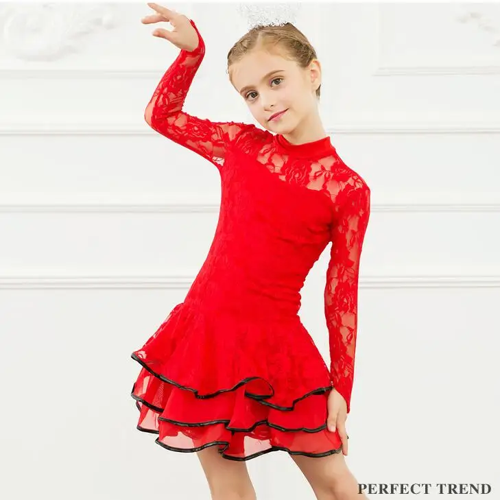 Red Long Sleeve Новые детские сексуальные бальные платья с кружевами и блестками, платье для танго, сальсы, латинских танцев, детское красное, черное кружевное платье для девочек с длинным рукавом - Цвет: Red Long Sleeve
