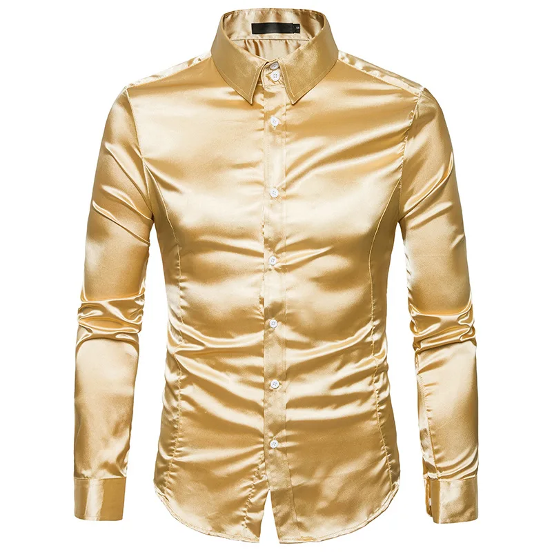 Новая золотая шелковая атласная рубашка для мужчин Chemise Homme 2018 модная мужская