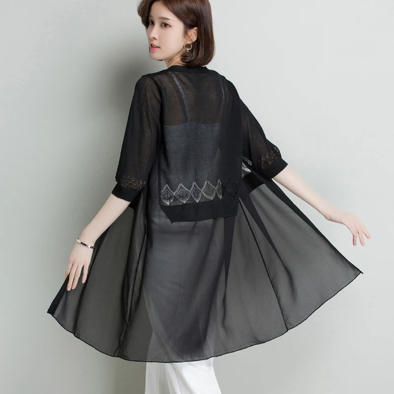 

New 2019 spring sexy hollow long knitwear woman linen cardigan chiffon bottom knit thin long cardigan