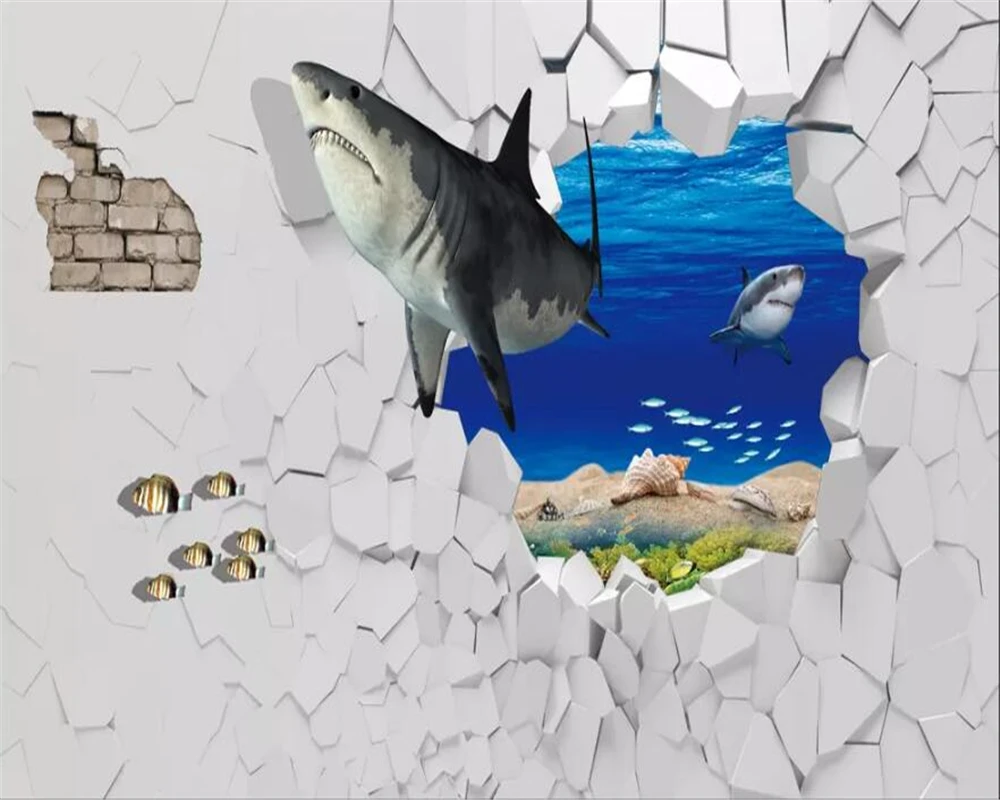 beibehang Custom 3d wallpaper fashion sea shark broken wall picture-in-picture TV background papers home decor | Обустройство дома