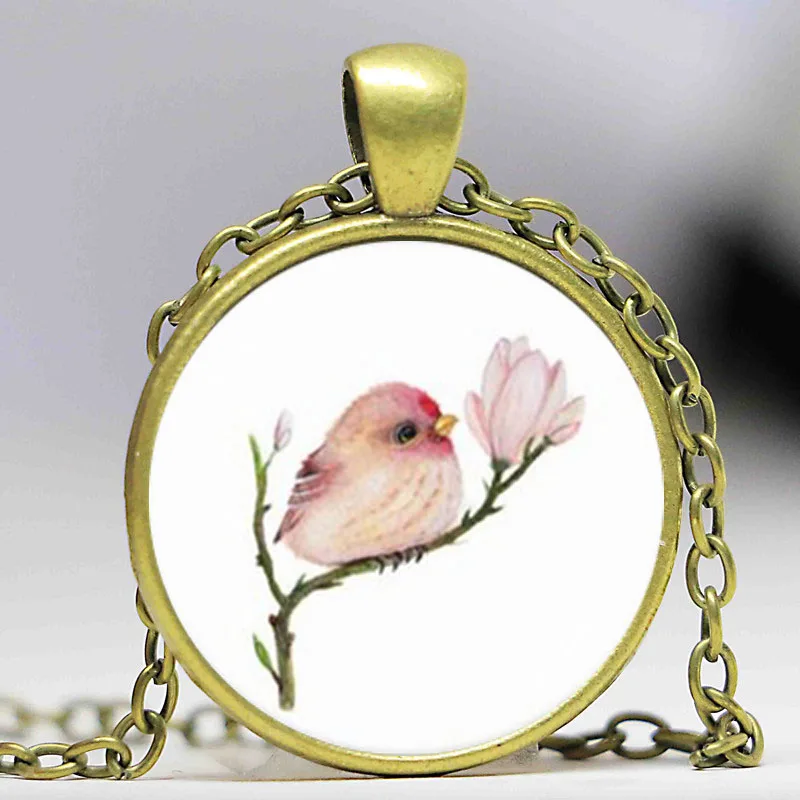 Vintage Baby Bird and Flowers Necklace Animal Jewelry Glass Cabochon Photo Pendant Chain Statement for Women Men Girls | Украшения и
