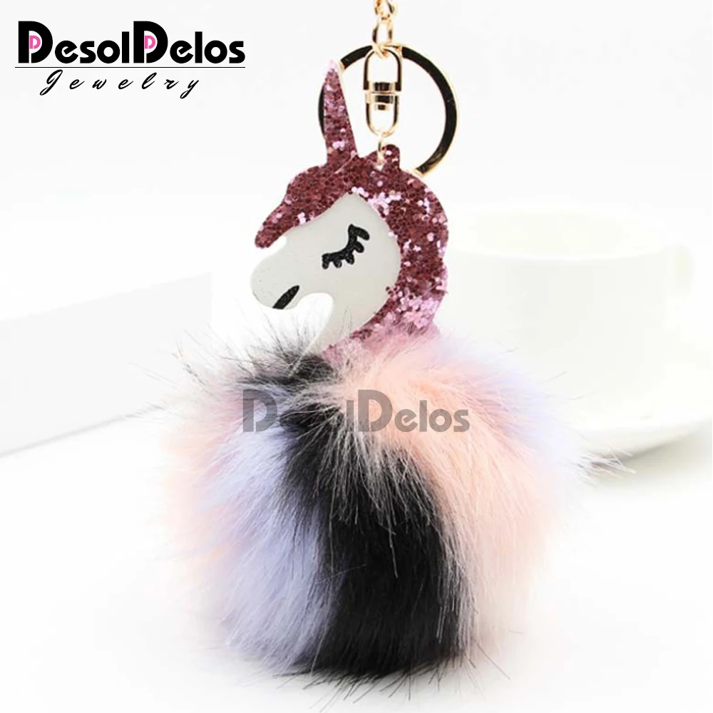 

Unicorn pompom Keychain Colorful Fake Rabbit fur ball Fluffy licorne Key Chain Horse porte clef Bag Car Keyring for Women