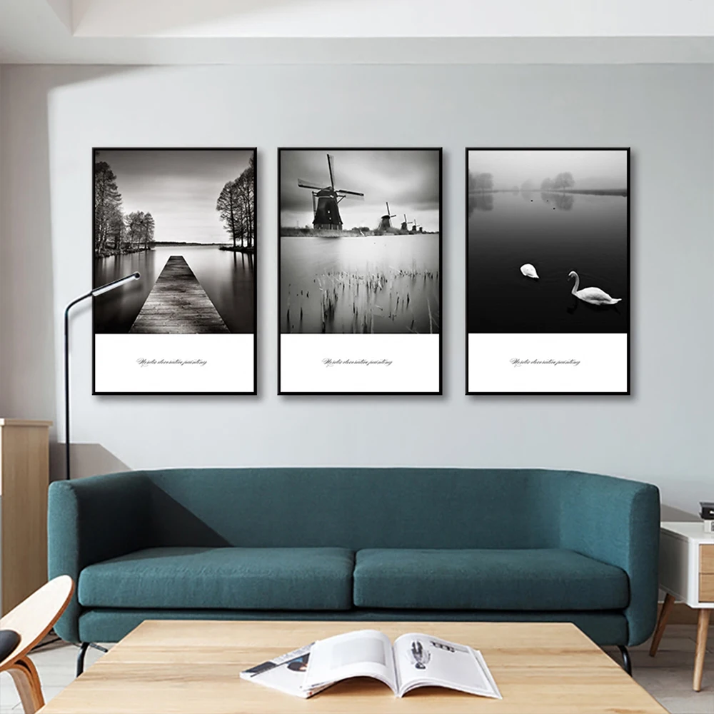 

Canvas Paintings Riverside Windmill View Living Room Decoration Painting Black And White Wall Art Posters And Prints