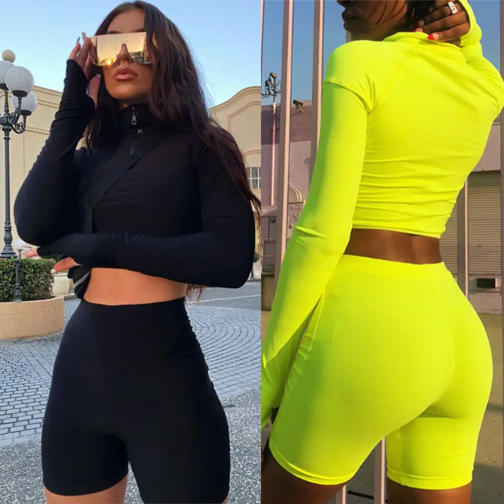 

Fashion Women 2Pcs Tracksuit Sweatshirt Casual Sporting Suit Set Slim Fit Long Sleeve Crop Top High Waist Hot Short Clothes Sets