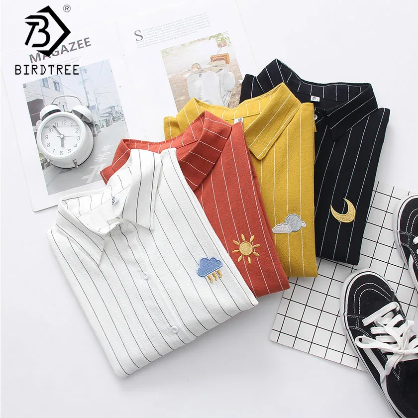 

2019 NEW Striped Shirt Office Lady Wear Button Up Turn Down Collar Cotton Blouse Weather Embroidery Feminina HOT SaleT8D418M