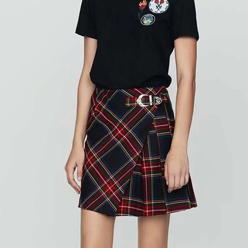 Wonder Women Spring Retro Plaid Mini Skirts Vintage Sashes Female Pleated Skirts Casual High Waist Lady A-Line Skirts Bottoms