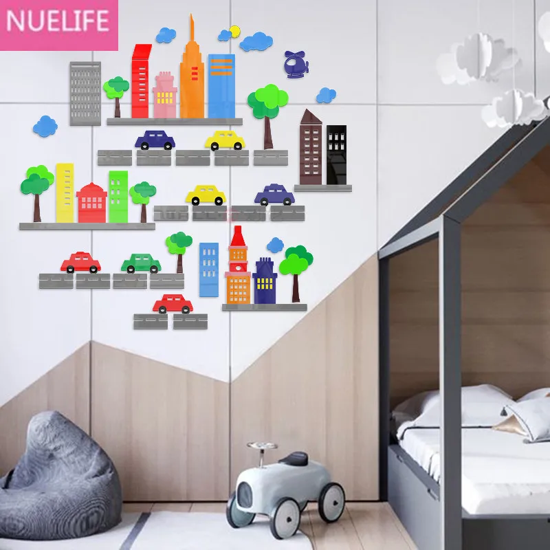 Cartoon city car design 3D acrylic Wall stickers bedroom kids room school kindergarten background wall decoration | Дом и сад