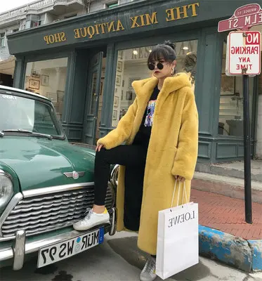 yellow Осенне-зимнее Норковое женское меховое пальто, одежда размера плюс, корейское пальто из искусственного меха, уличная одежда с капюшоном, свободное толстое теплое длинное женское пальто - Цвет: yellow