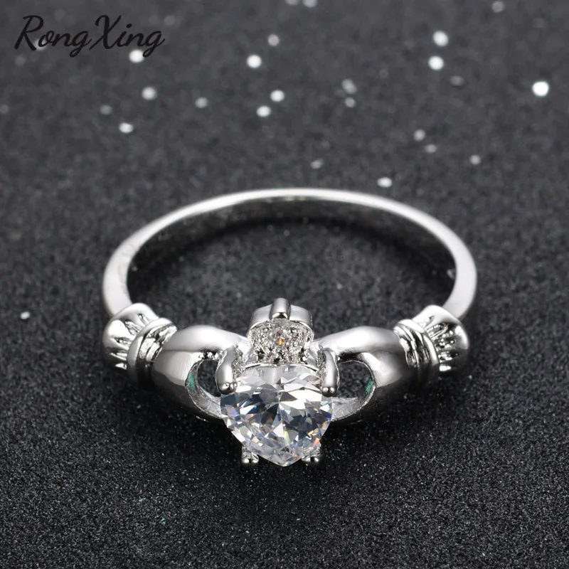 RongXing новое ирландское кельтское Корона сердце Claddagh свадебное предобручальное кольцо для женщин белое золото заполненный красочный Циркон кольцо RW1098