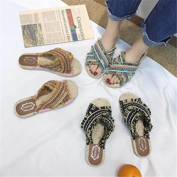 Модные летние богемные белье старинные Для женщин тапочки 2019 Новый Бисер плоские