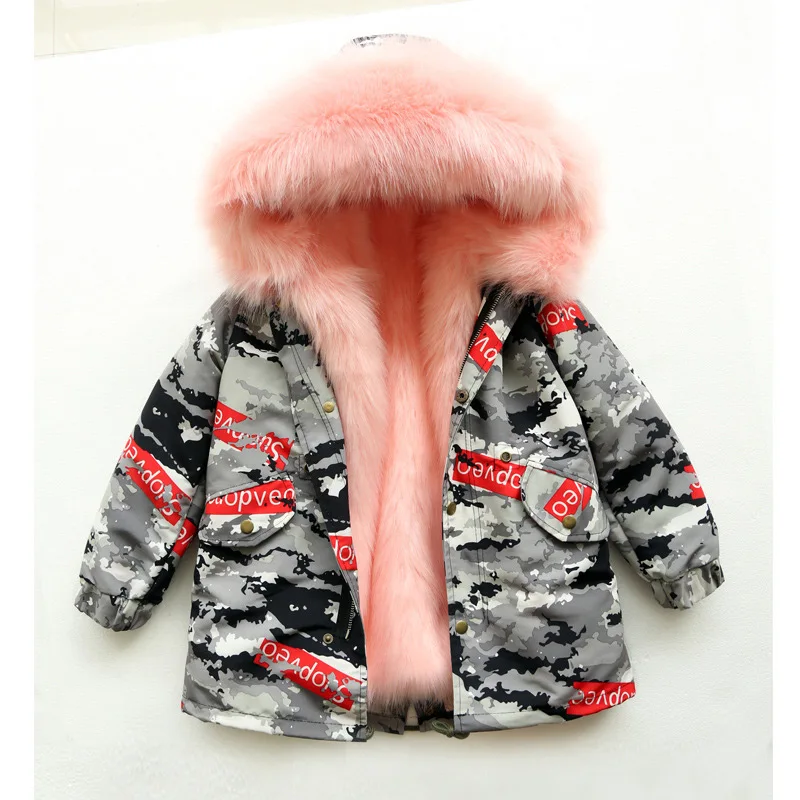 gray red-pink Новинка года; детский плащ в камуфляжном стиле От 2 до 11 лет для девочек верхняя одежда и пальто из искусственного меха для девочек; модная теплая детская одежда с мехом - Цвет: gray red-pink